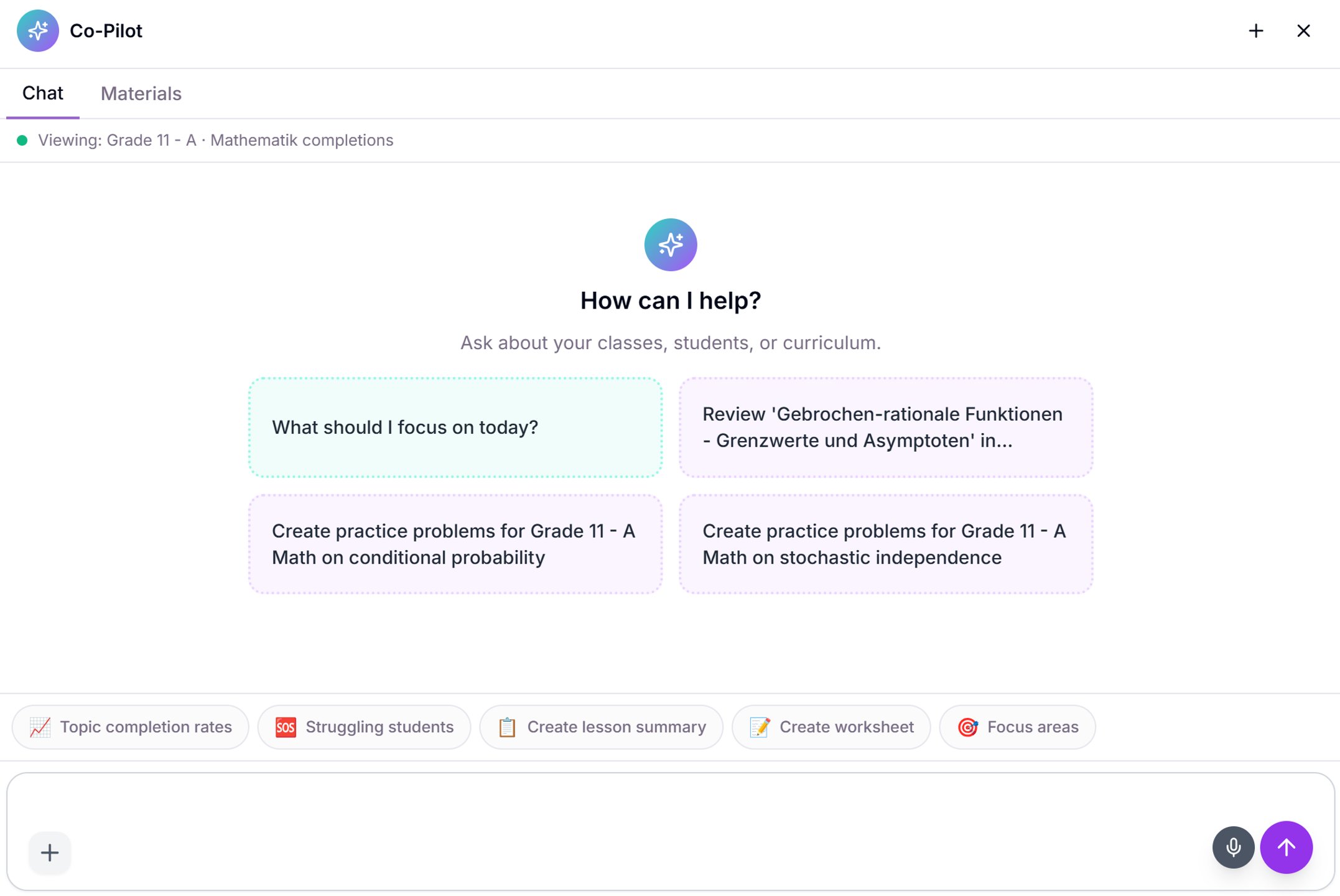 Co-Pilot interface showing class-aware suggestions for Grade 11