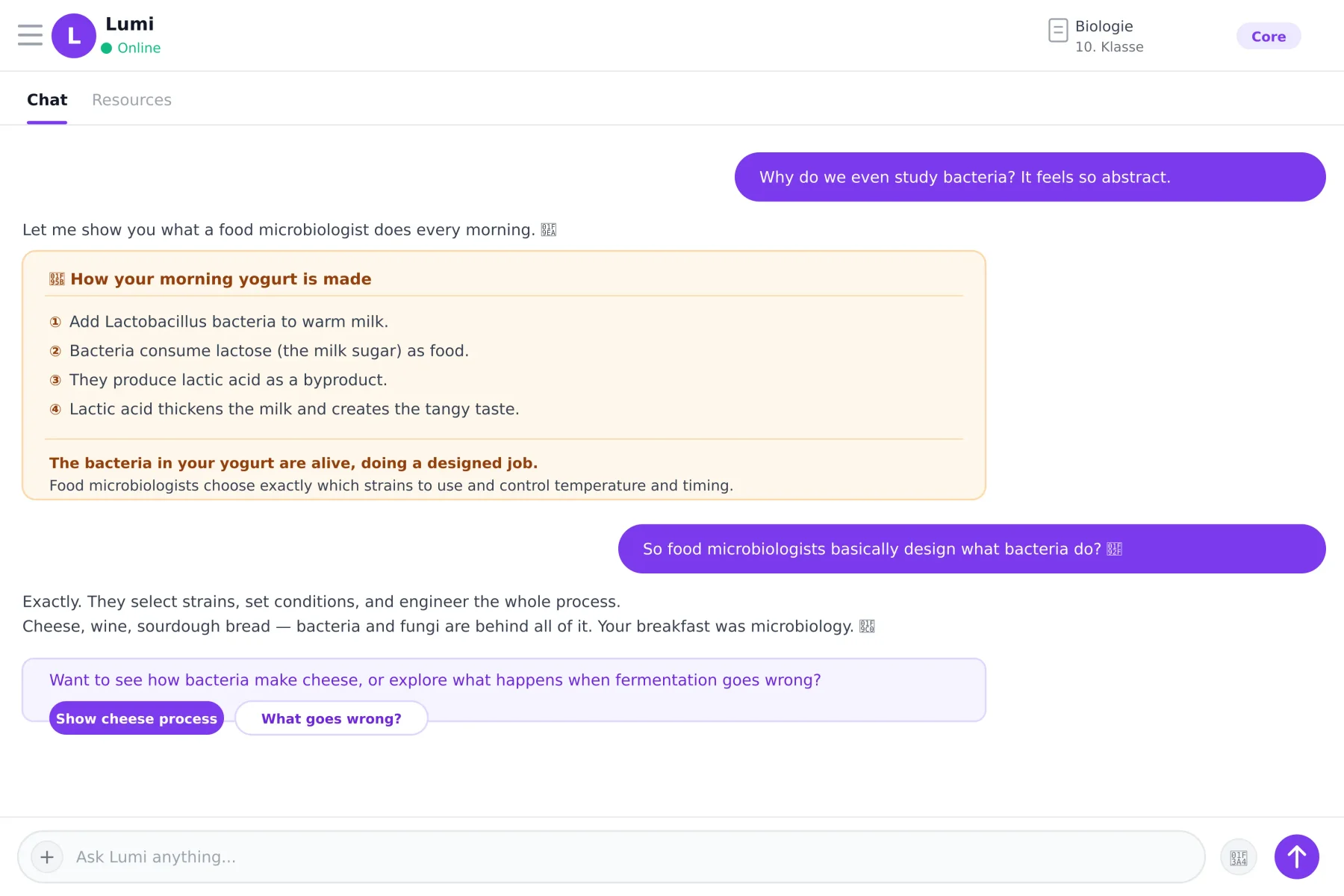 Lumi connecting a school topic to a real-life example to make it stick