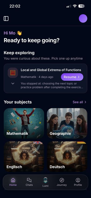 Lumi home screen with the subjects of the student
